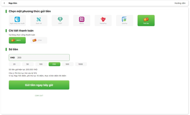 Hình thức nạp tiền OK9 qua thẻ nạp
